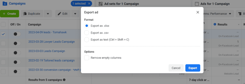 import and export facebook ads